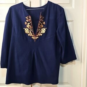 Aleumdr Women's XL V neck Boho Embroidered Navy 3/4 Sleeve Ethnic Style Loose